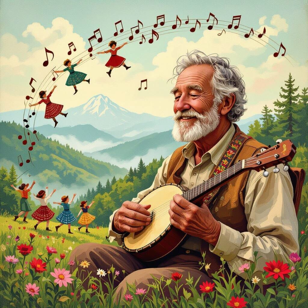 Appalachian Musician Plays Dulcimer, Notes Dance as Figures