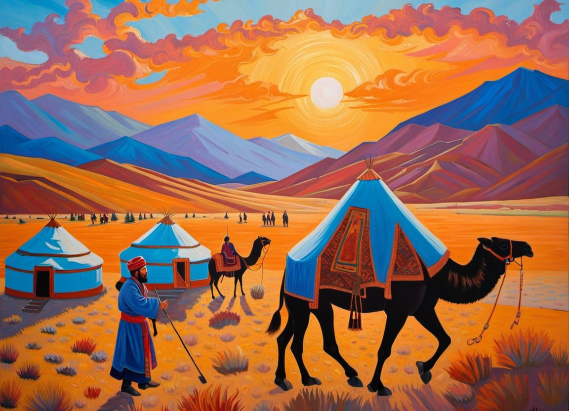 Marco Polo in the Gobi desert's sunset - Himalayas' in the background