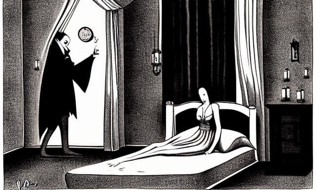 Dracula Over Sleeping Woman: Gorey-esque Ink Drawing