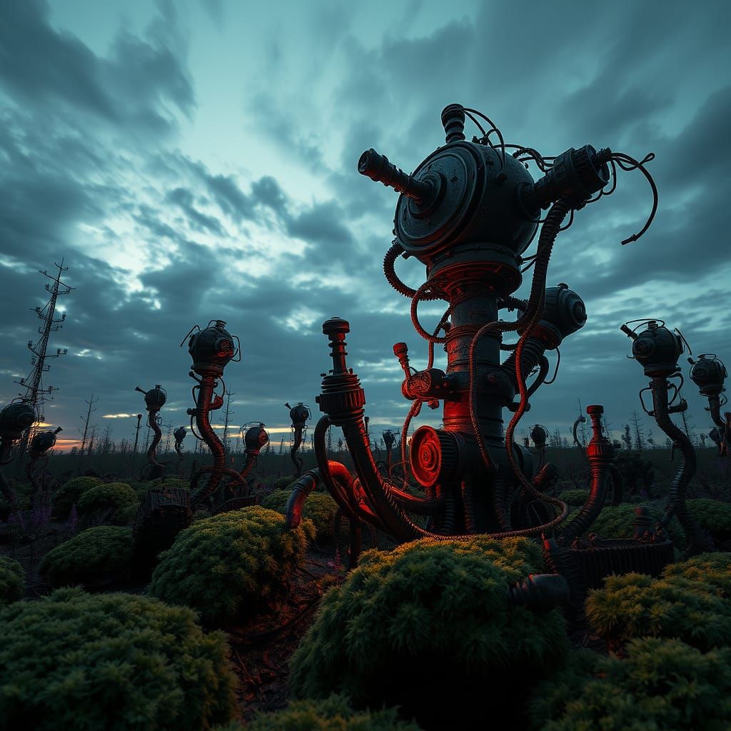 Bioluminescent Biomechanical Garden at Twilight: Surrealist ...
