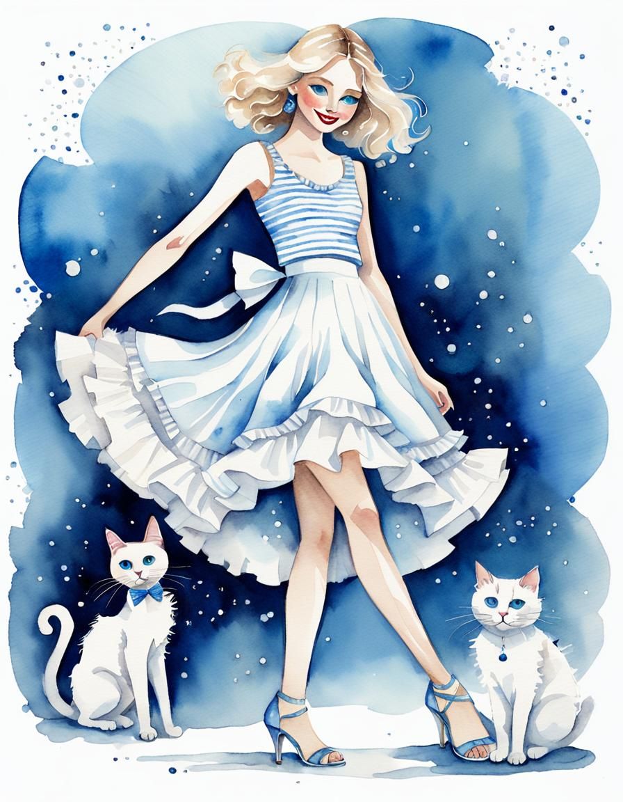 Watercolor Woman with Cat in Whimsical Style