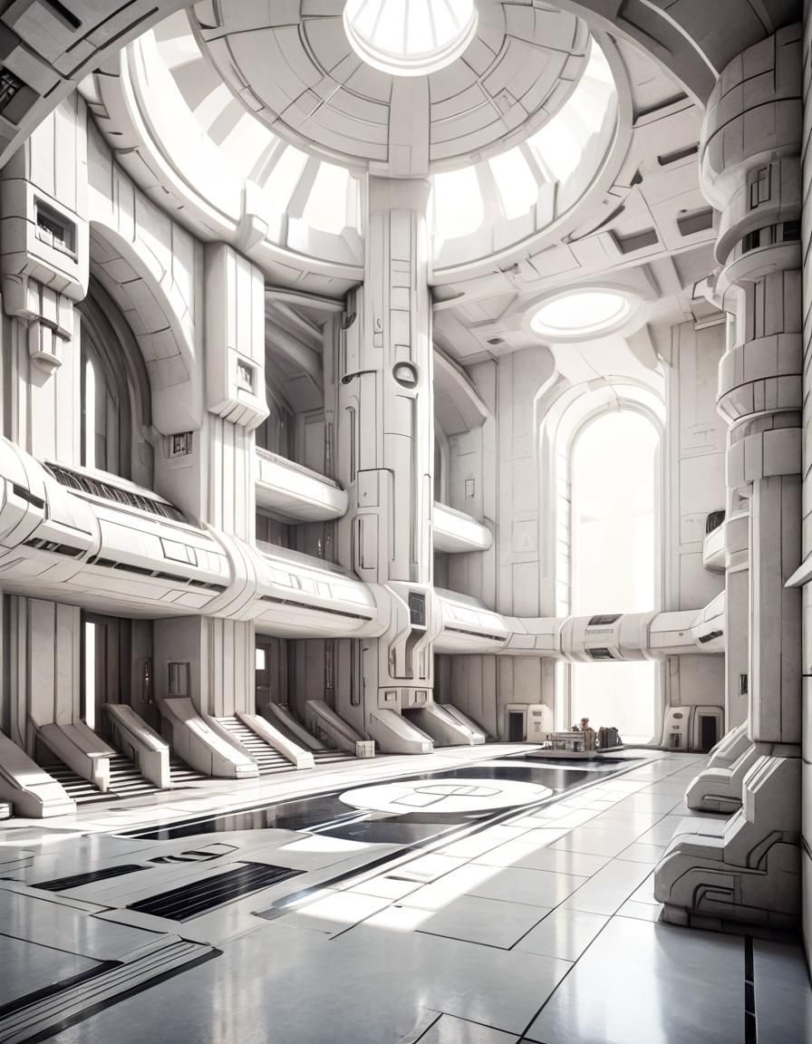 large white bright interior, art deco, futuristic, dwarves, ...