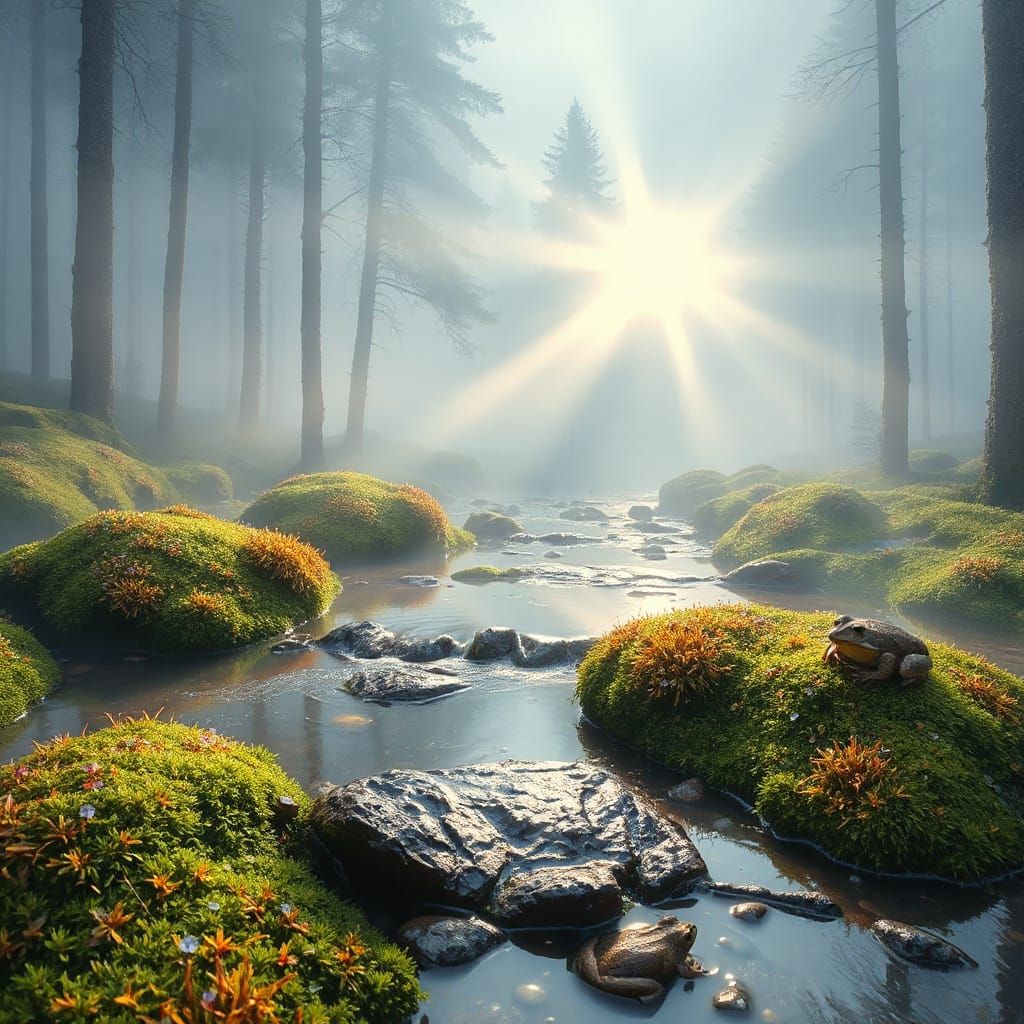 Misty Scandinavian Forest with Golden Hour Light