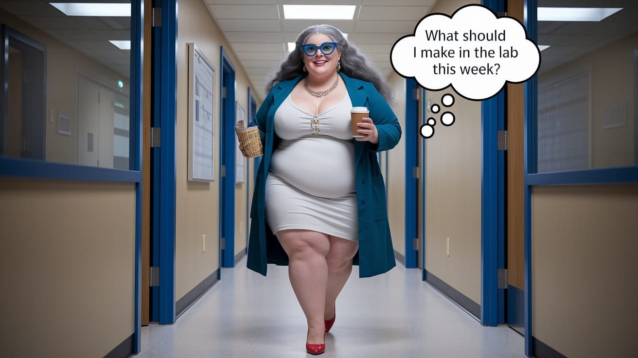 Curvy Woman in Lab Coat Holding Coffee