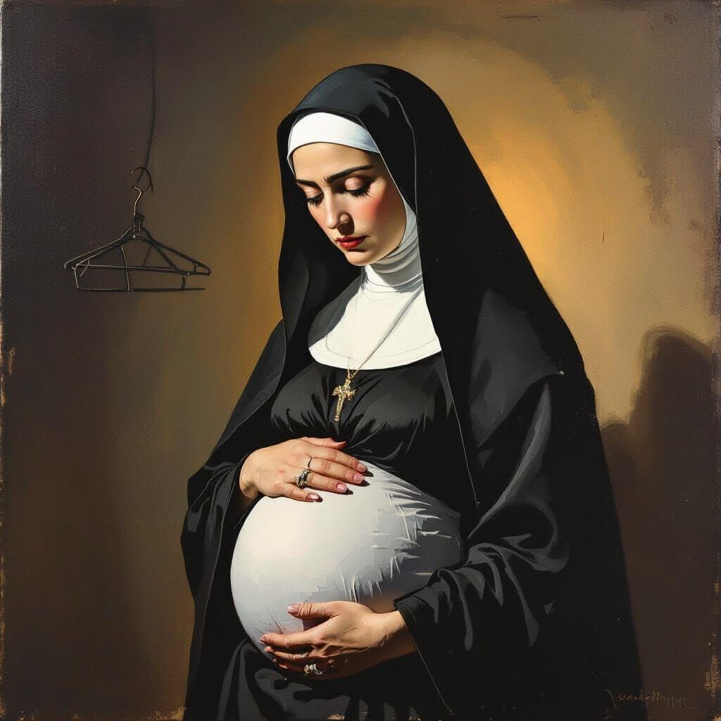 Pregnant Nun in Gouache and Impasto Watercolor Style