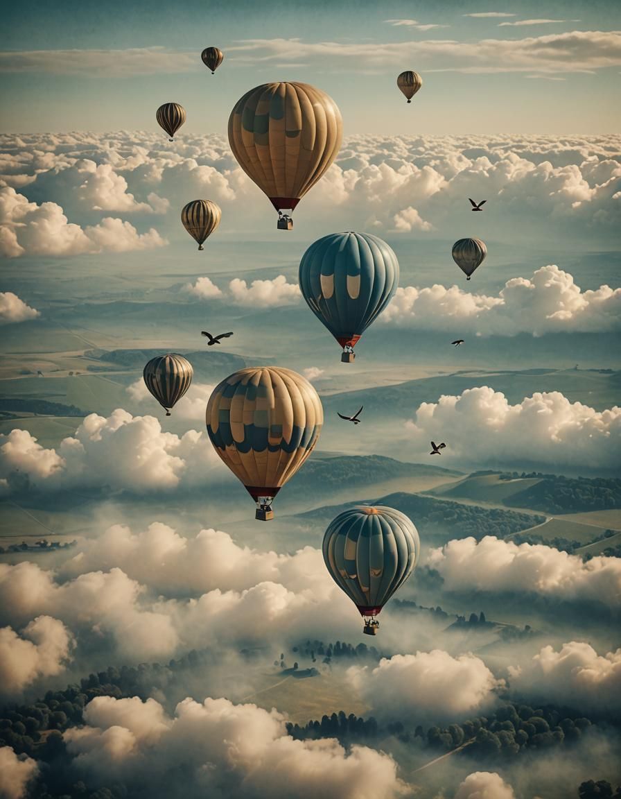 Hot Air Balloons in Blue Sky: Vintage Film Style