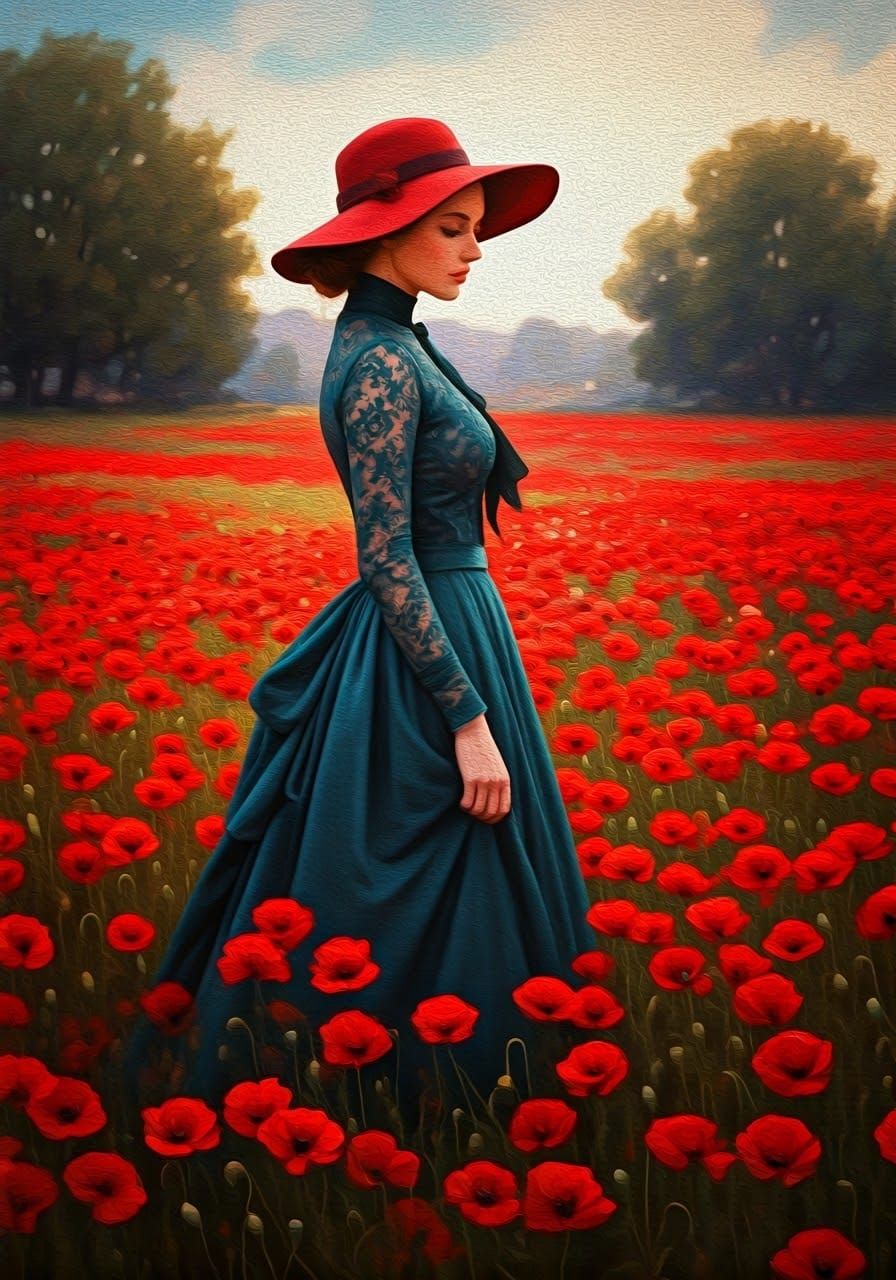 Woman in Red Hat Amidst Red Poppies in Edward Hopper Style
