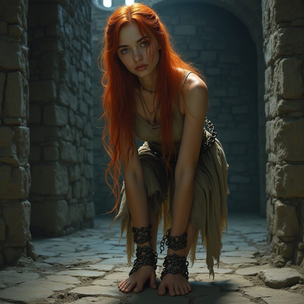 Medieval Woman Unshackled in Dark Dungeon
