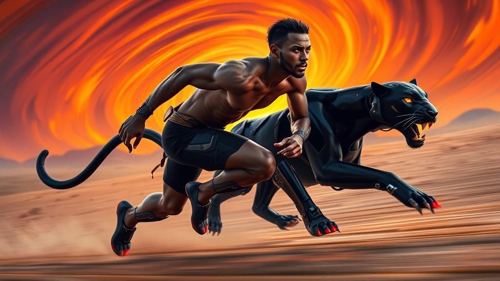 Cyberpunk Male and Panther Sprinting in Desert