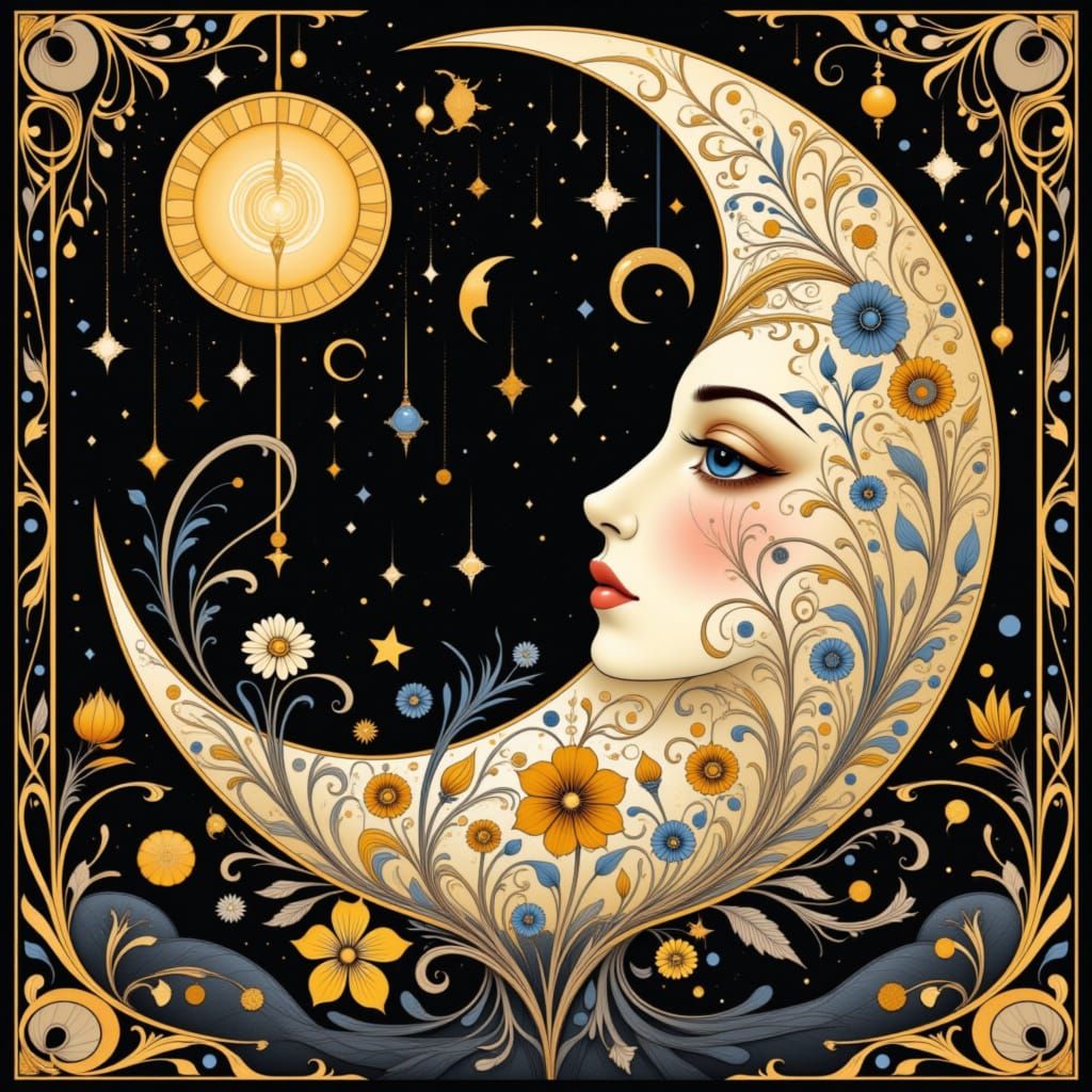 Folk Art Nouveau Moon in Vintage Sky