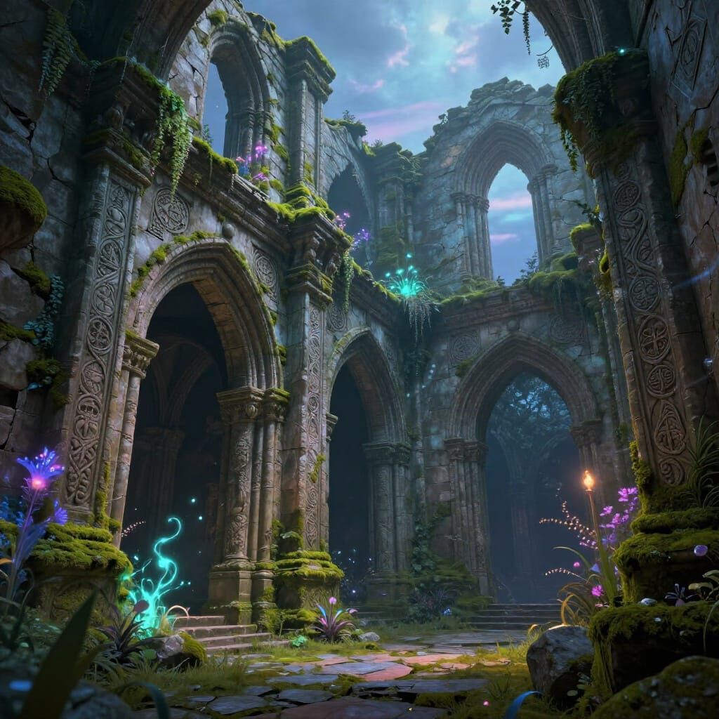 Ancient Wizard's Palace Ruins in Ethereal Twilight