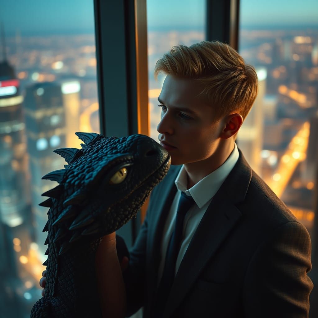 Man and Dragon in Cinematic Urban Setting