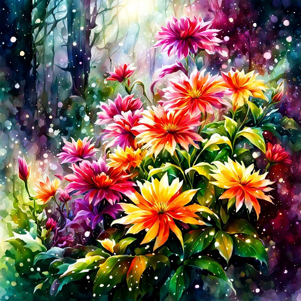 Ethereal Watercolor Flowers in Fantasy Landscape