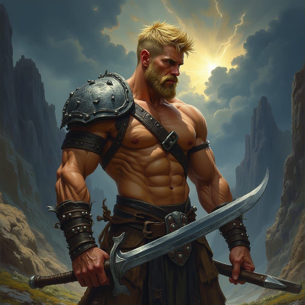 Muscular Gay Barbarian Wields Sword in Dark Fantasy