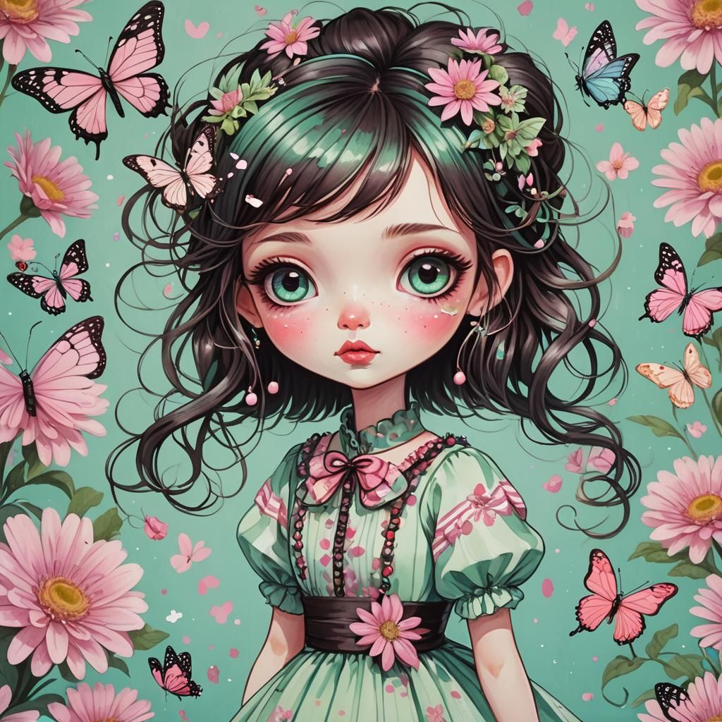 Whimsical Cartoon Girl with Butterflies and Flowers