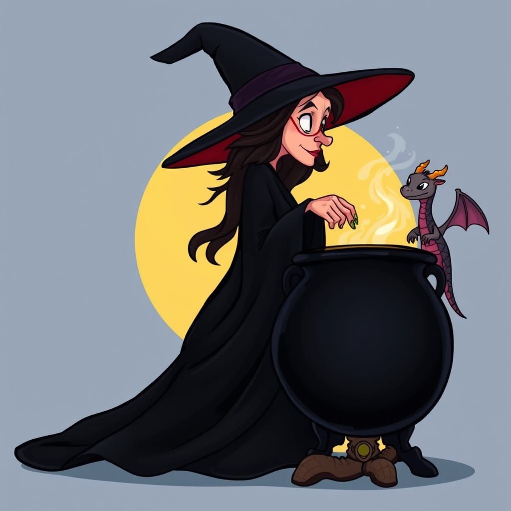 Cartoon Witch and Dragon Stirring Cauldron