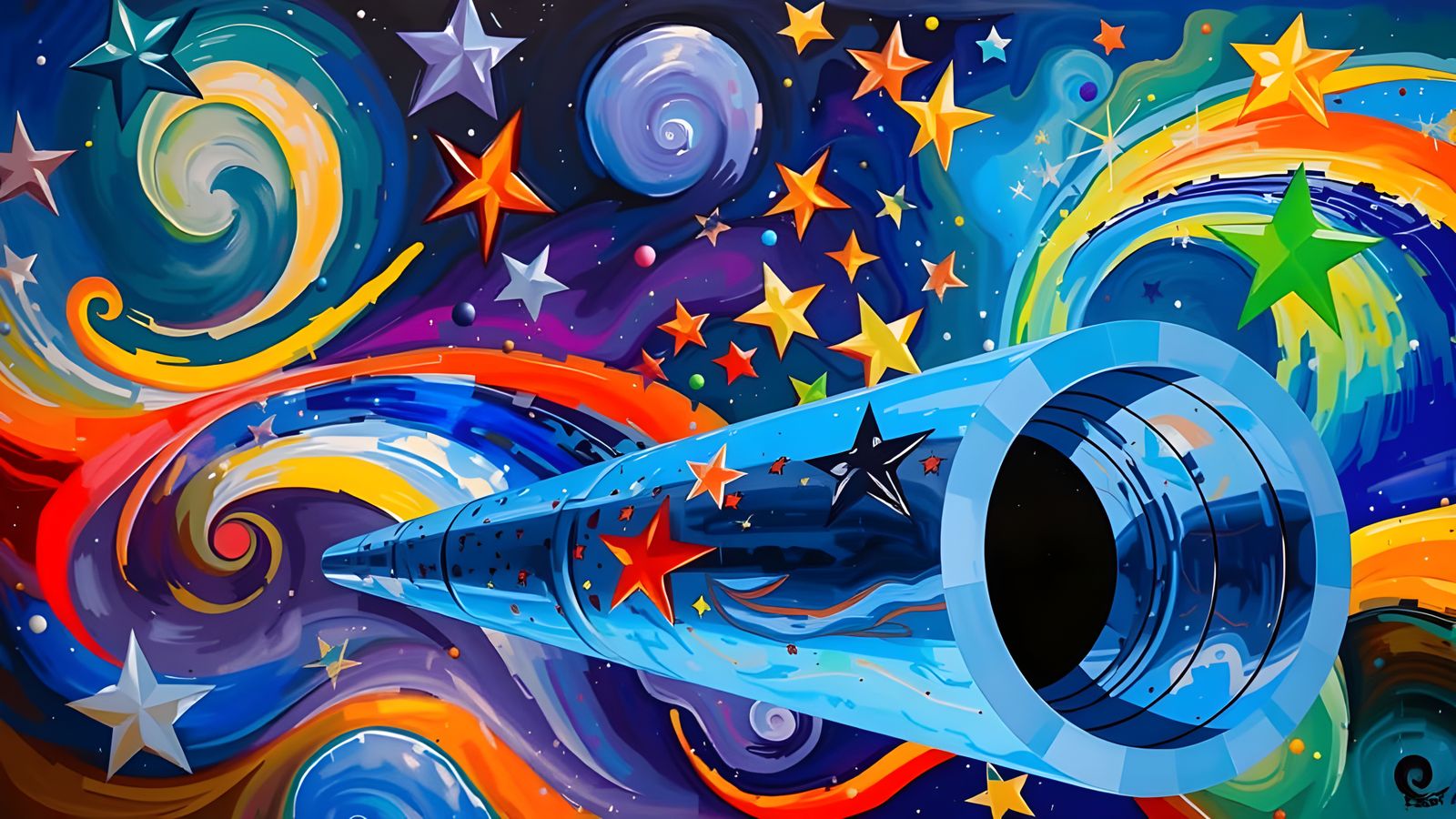 Sleek, Mirrored Cosmic Dance in Impasto Oil