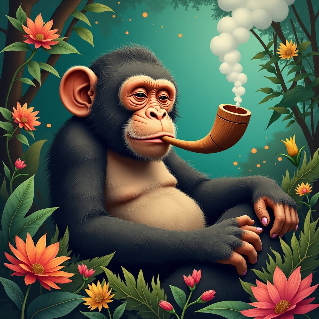 Monkey Smoking Pipe in Lush Jungle, Whimsical Style