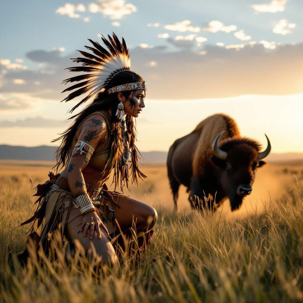 Apache Warrior Stalks Bison in Golden Hour Grasslands