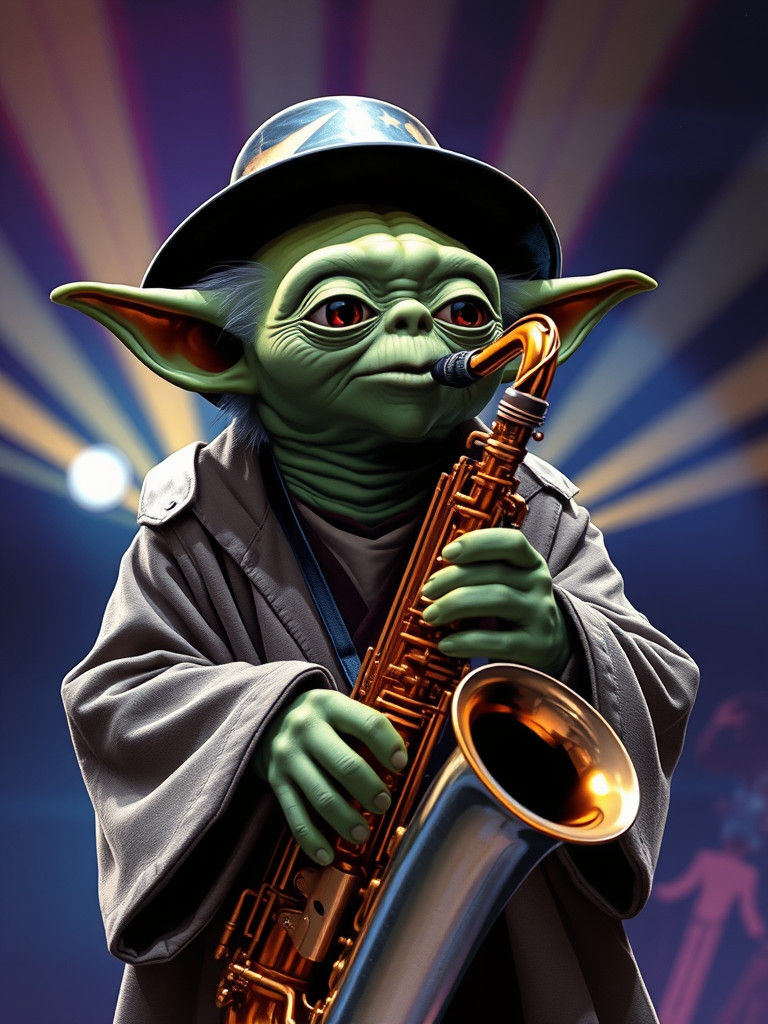 Sax Playing Yoda on Stage in Blues Style