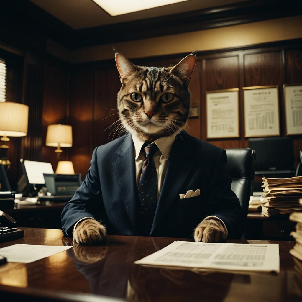 Cat CEO: Film Noir Corporate Scene