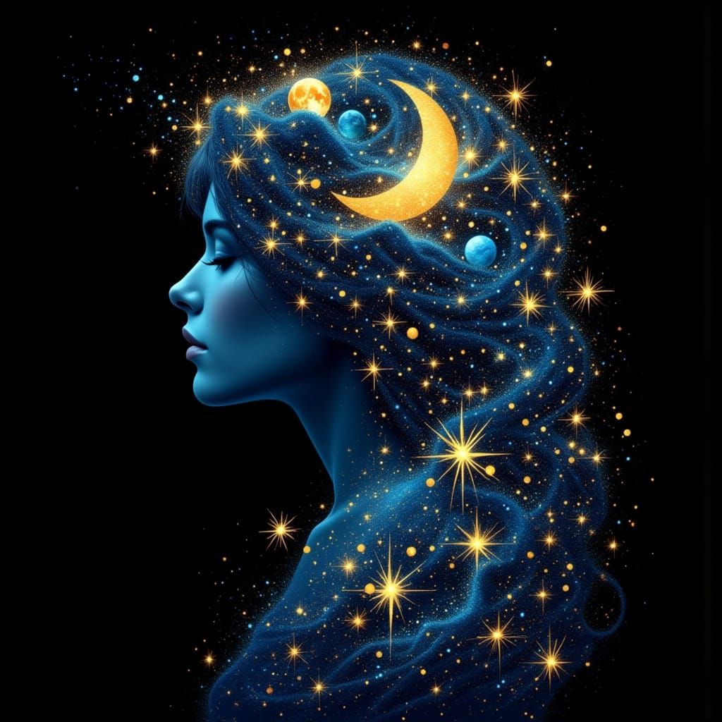 Cosmic Silhouette of Night Sky Woman with Celestial Hair