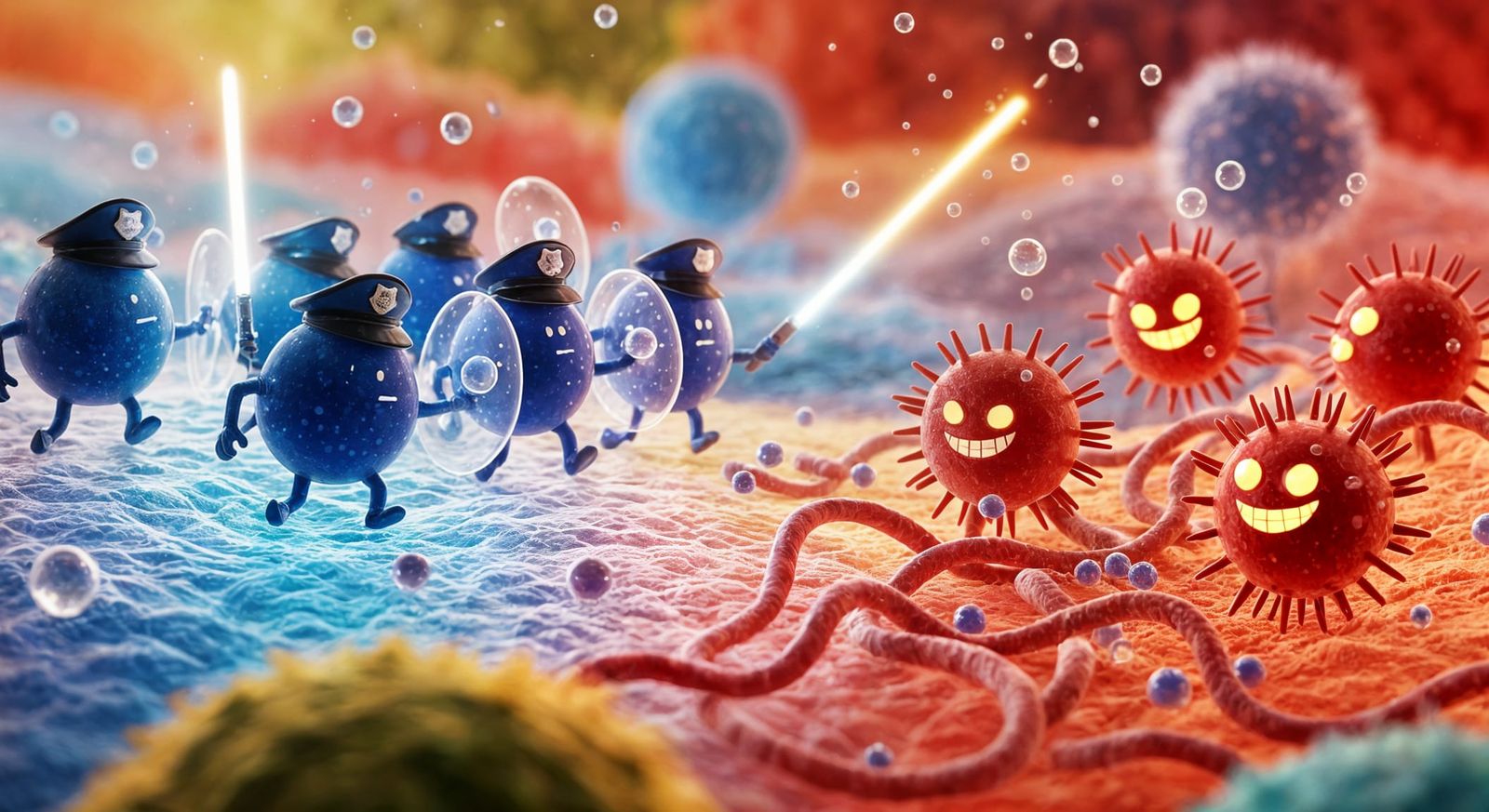 Microbe Battle on Cell Membrane in Photorealistic Style