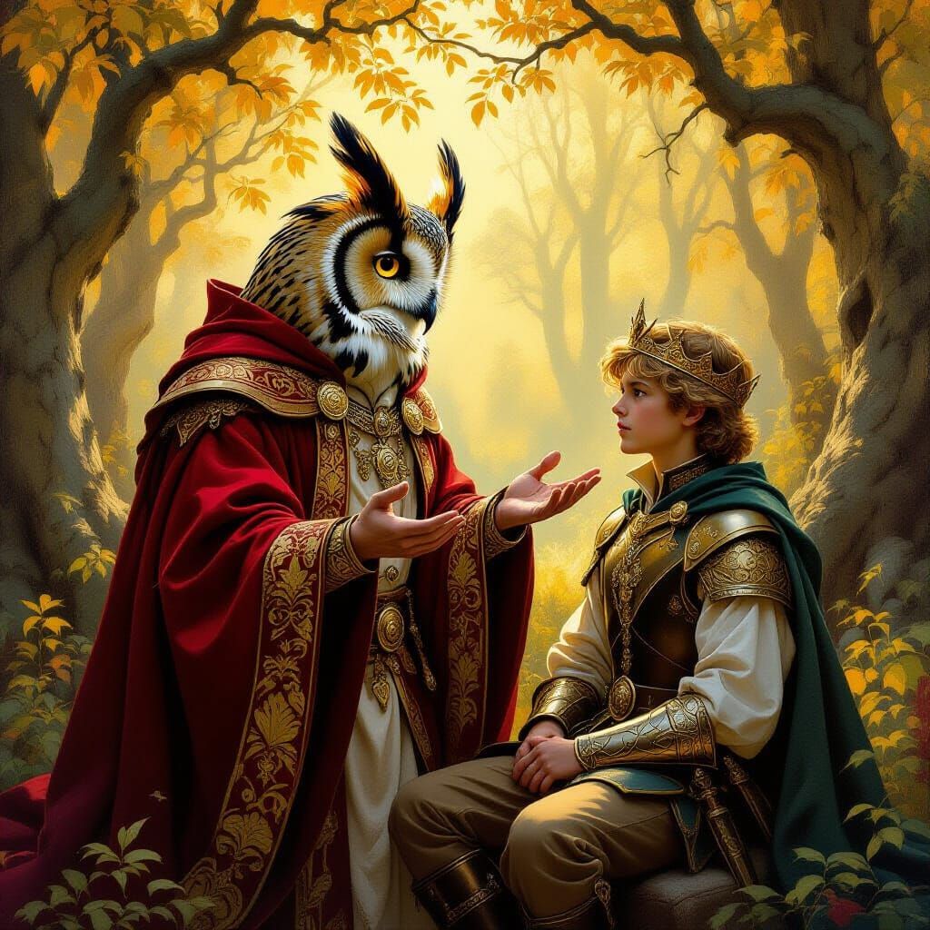 Wise Owl Advises Young King Arthur: Golden Oil Painting