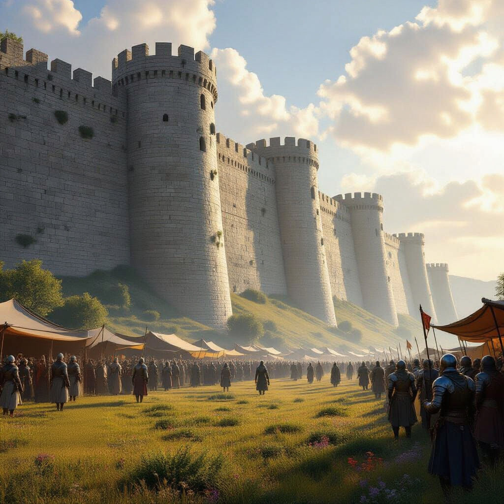 Towering Stone Wall with Fantasy Market, Hyperdetailed Art