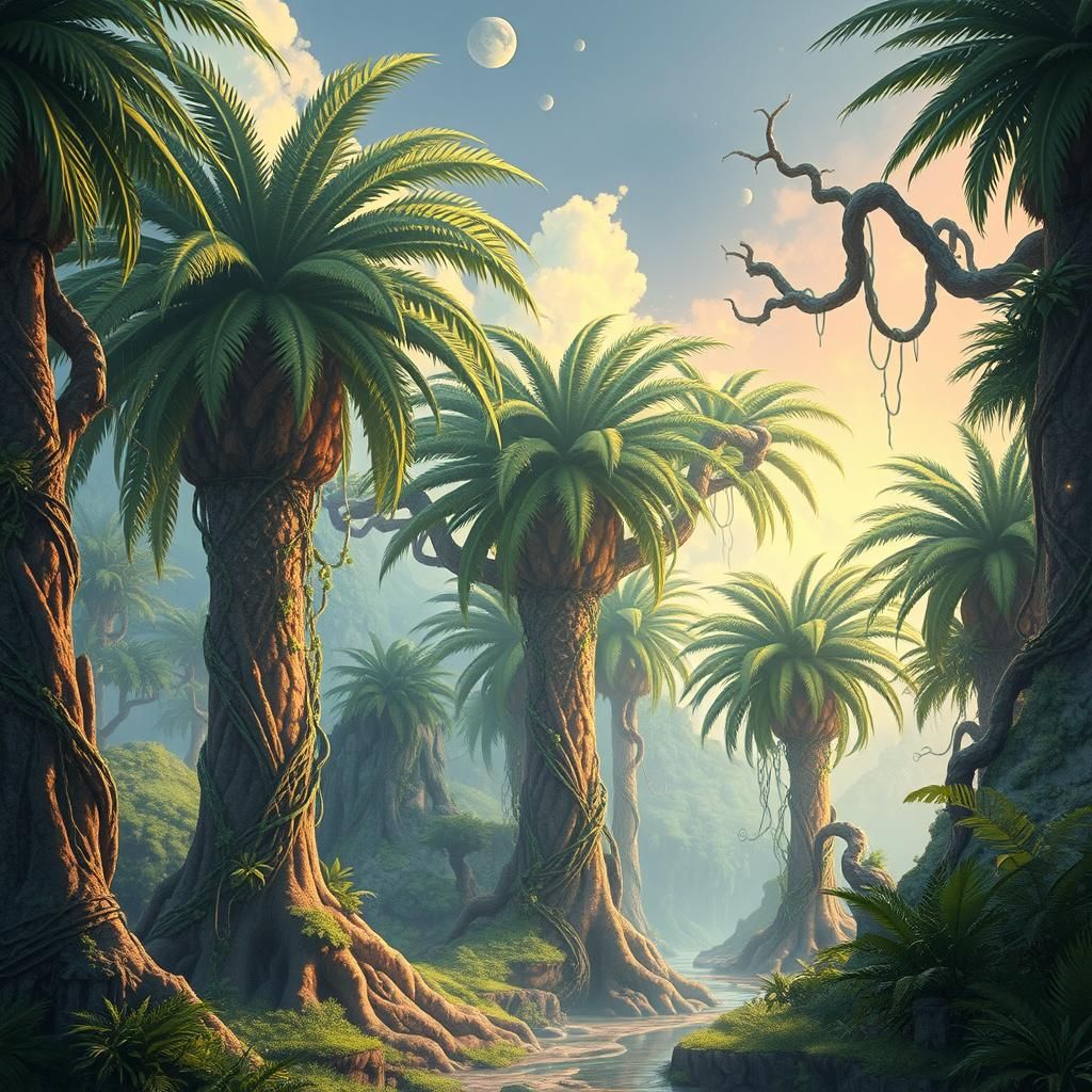 Mystical Palm Trees in Fantasy Landscape, 3D Anime