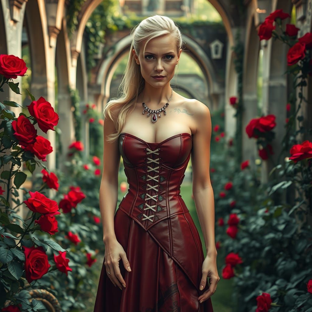 Elegant Woman in Red Dress in Garden Ruins