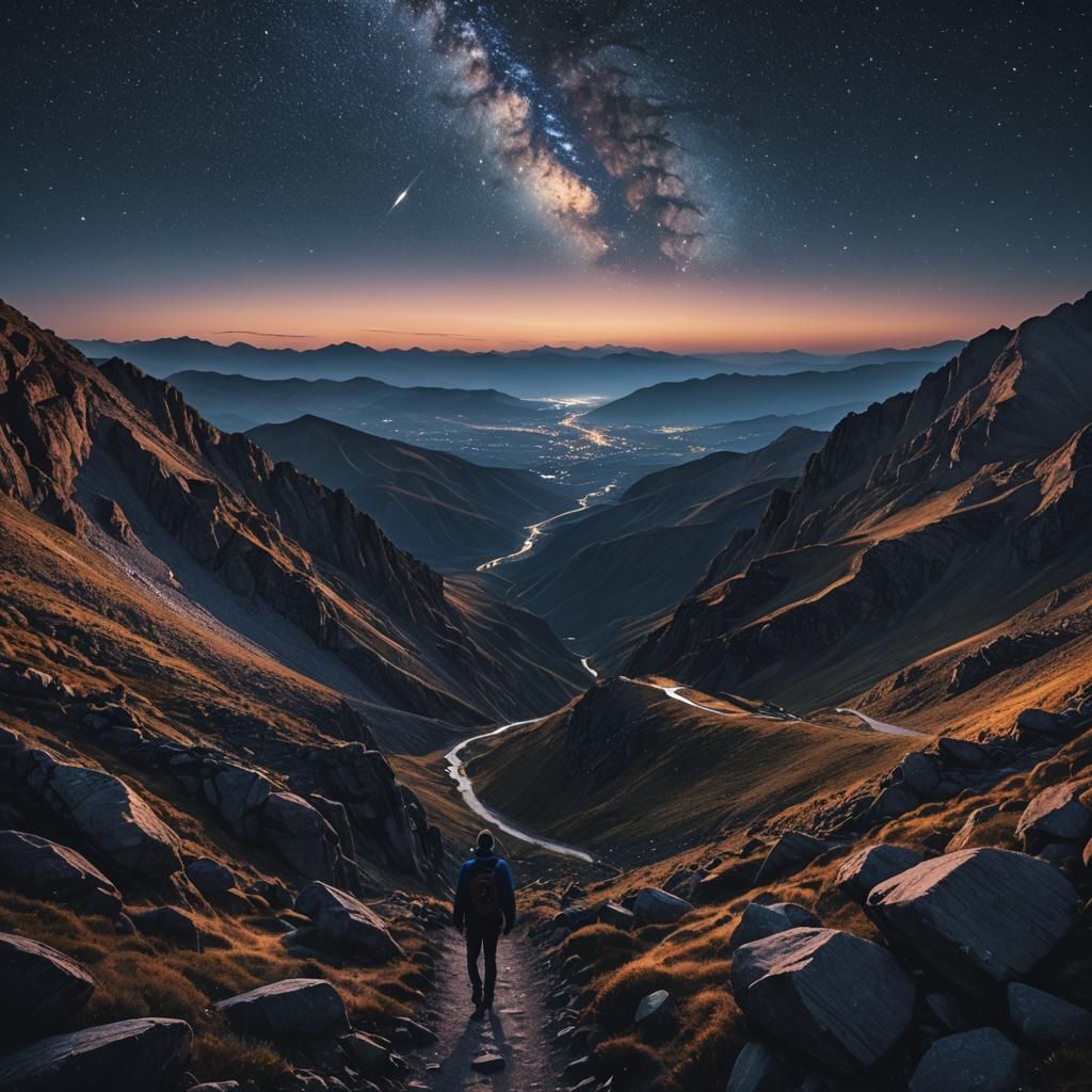 Romantic Landscape: Traveler Under Starry Night Sky
