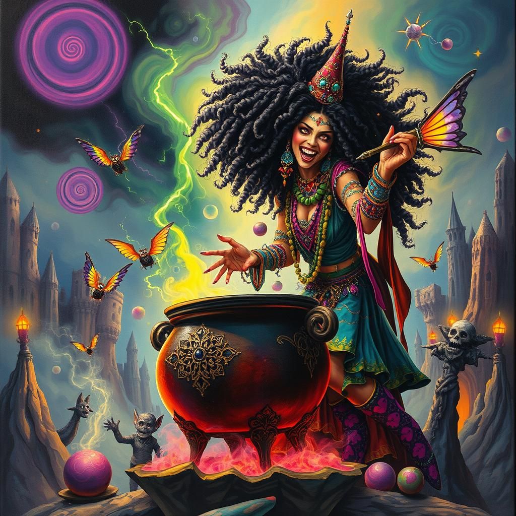 Rebel Witch Stirring Rainbow Potion, Surreal Art