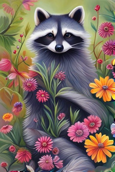 Raccoon's Whimsical Garden: A Cute Portrait Painting
