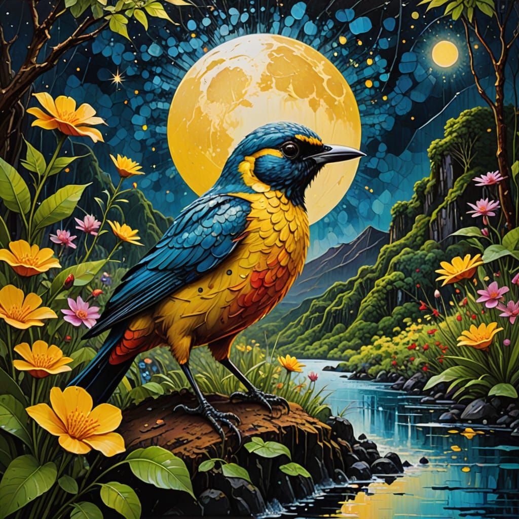 Vibrant Yellow Maui ʻAkepa in Starry Night Lakescape