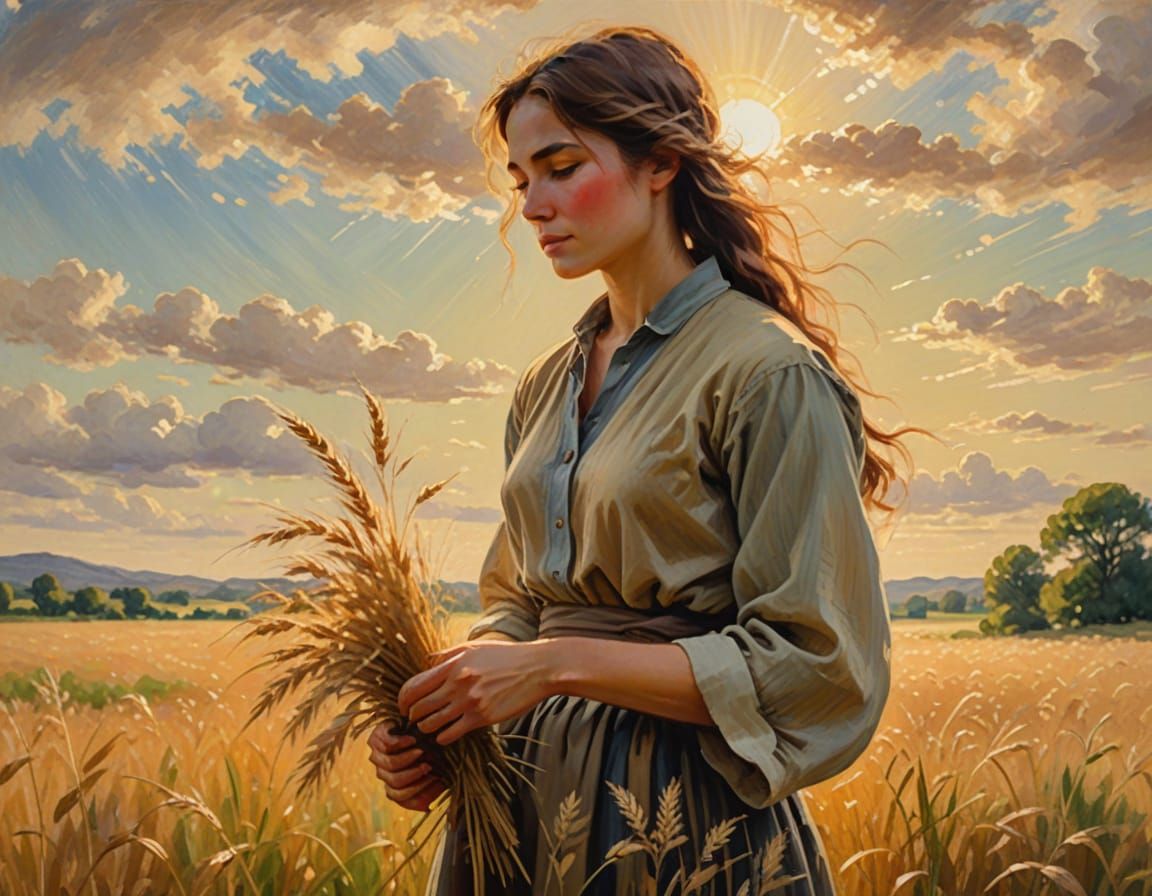 Moabite Woman in Lush Field Under Heavenly Sunshine