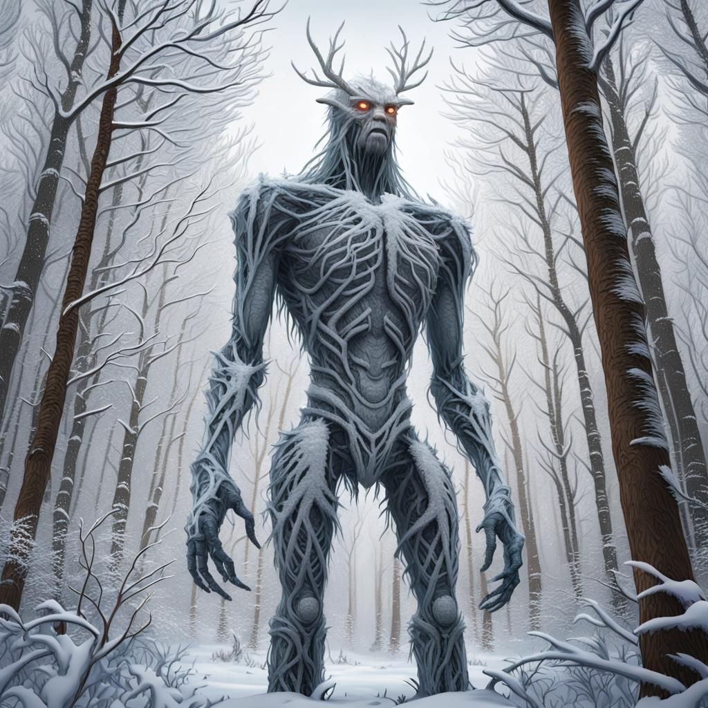 Icy Creature in Snowy Forest: Hyper-Realistic Art