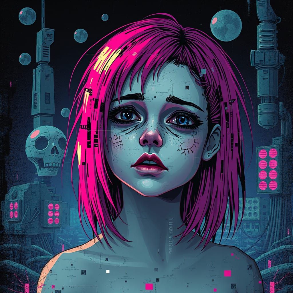 Girl with Pink Hair in Glitchy Analog Horror Scene