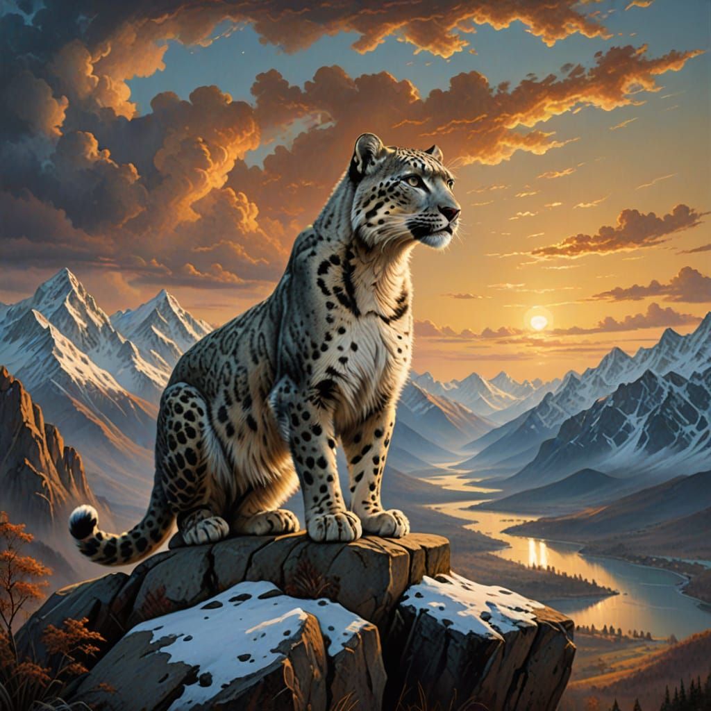Snow Leopard on Mountain Precipice at Twilight