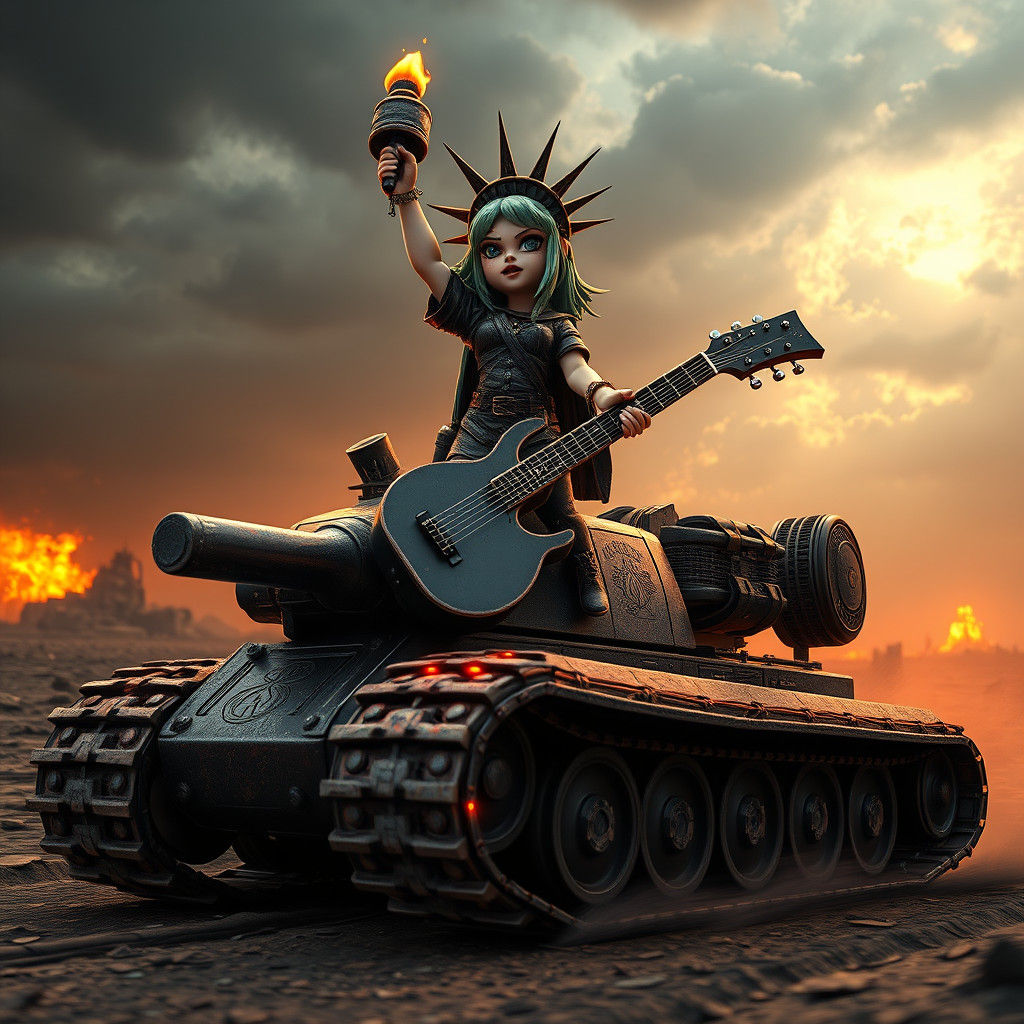 Chibi Goth Liberty Races Guitar Tank in Apocalyptic Wastelan...