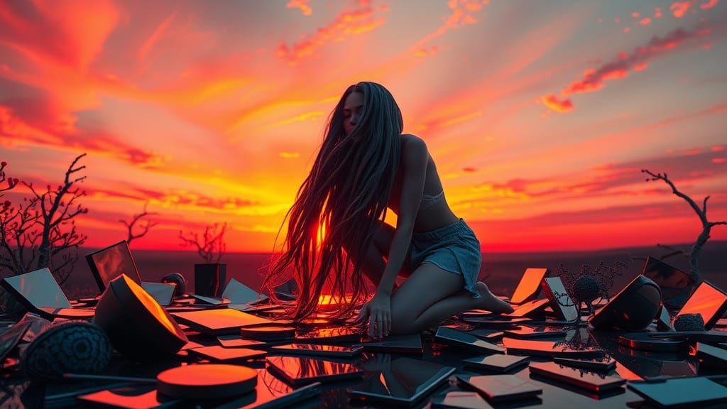 Sunset Reflections: Dreamlike Sculpture of Woman and Mirrors