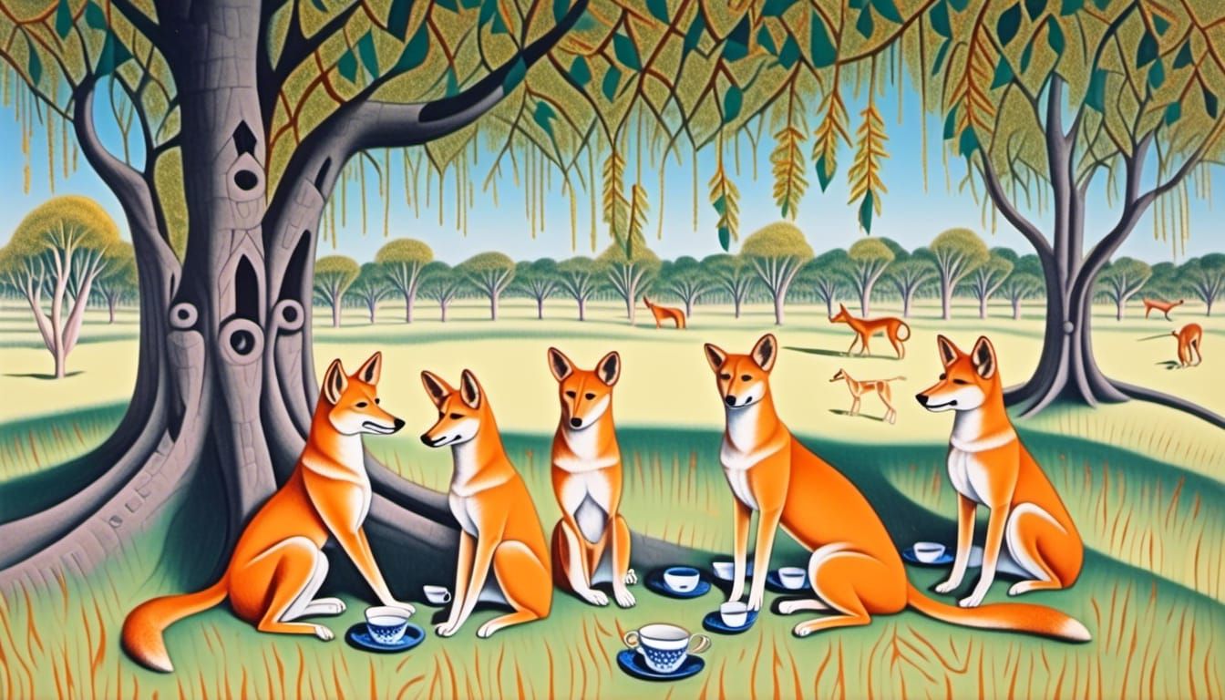 Dingos' Whimsical Tea Party Under Shady Tree