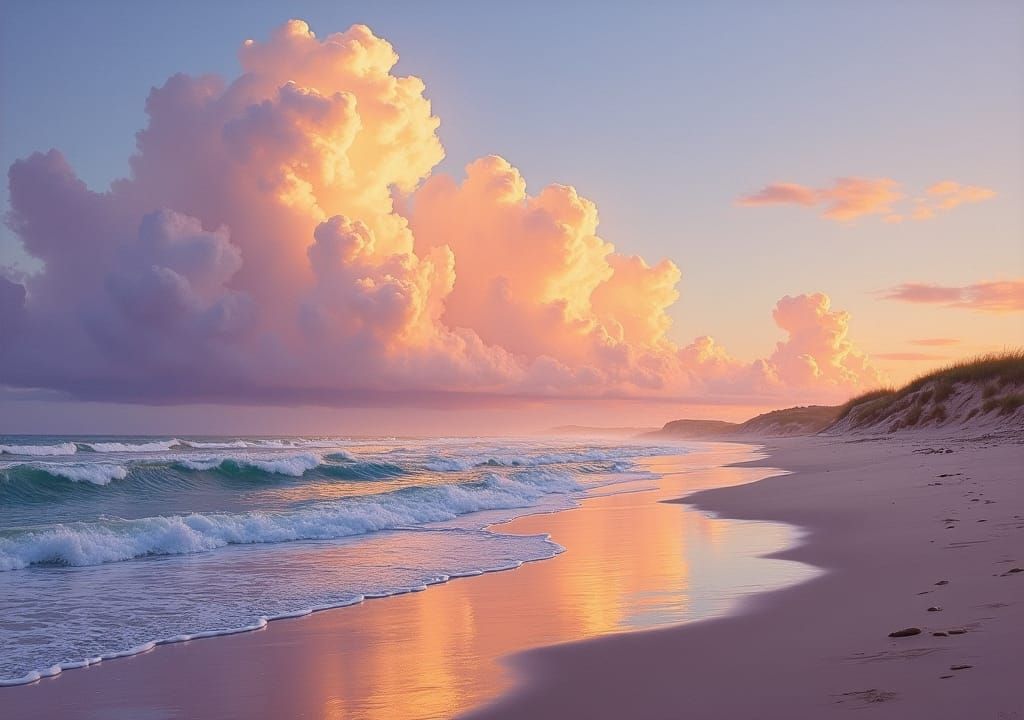 Purple Sunset Clouds Over a Wet Sand Beach