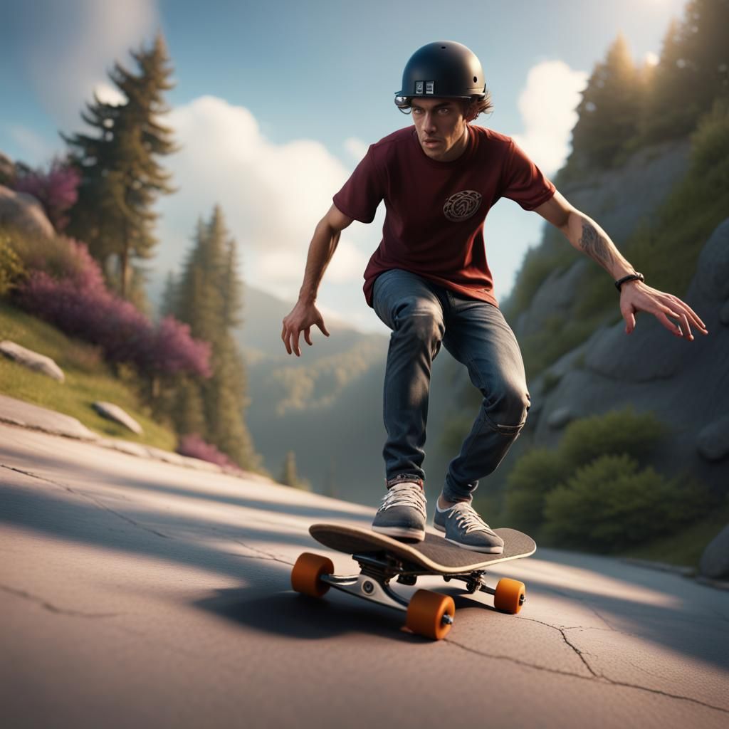 College Student on Skateboard: Detailed Matte Painting