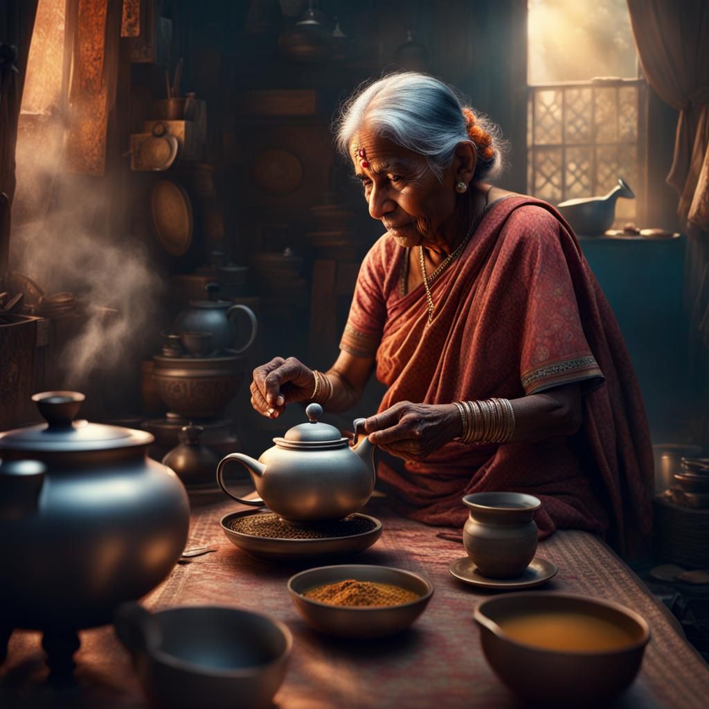 Old Indian Lady Making Tea: Digital Matte Painting