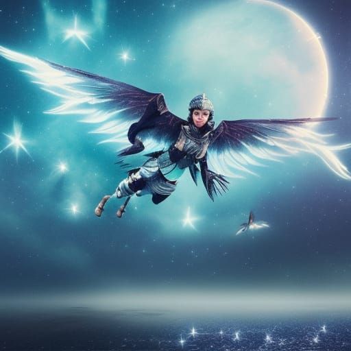 Epic Winged Warrior Soaring Under Moonlight