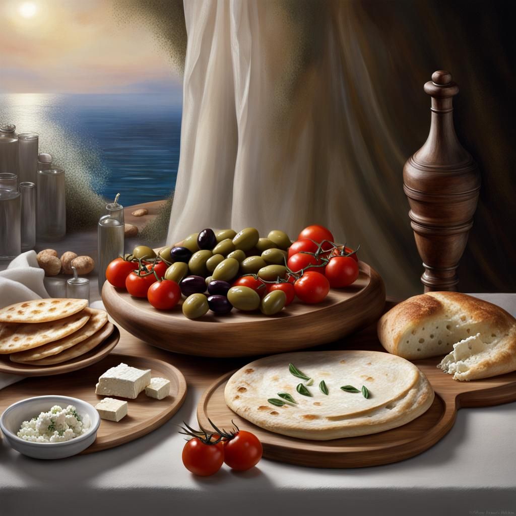 Ethereal Greek Feast in Dreamlike El Greco Style