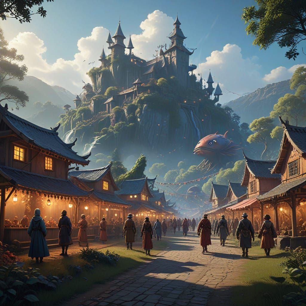 Fantasy Village Festival in Whimsical Digital Art