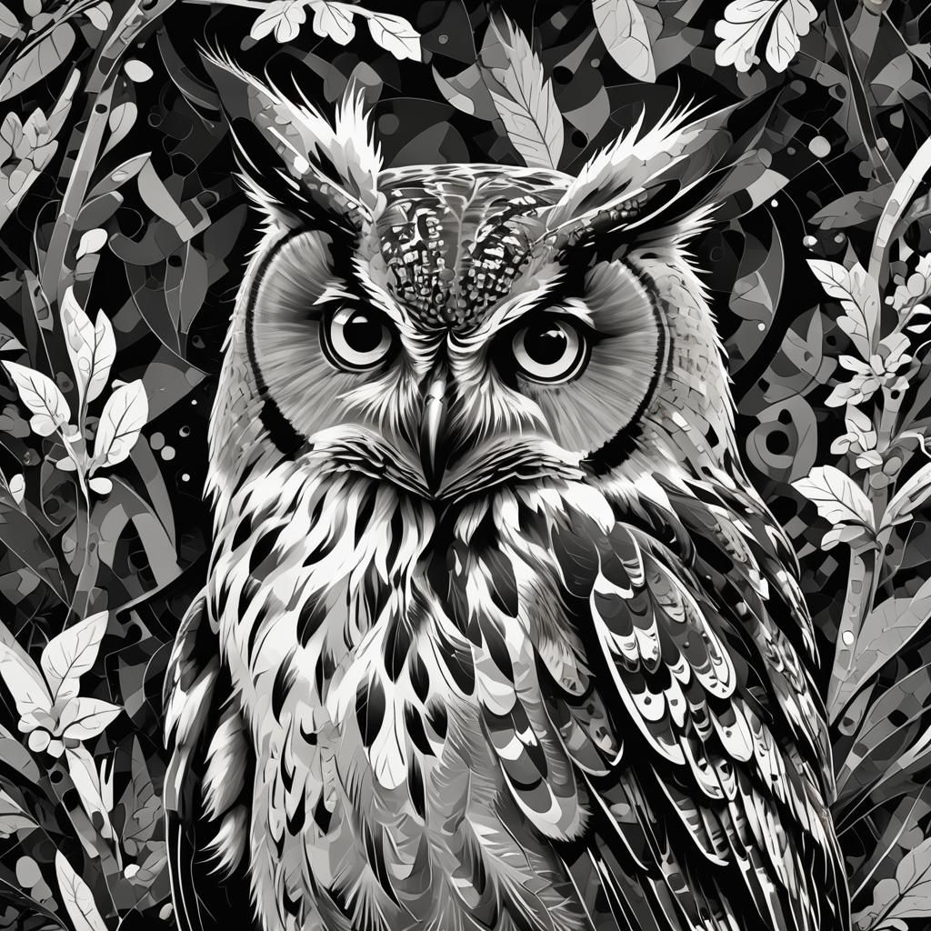 High Contrast Stylized Long-Eared Owl