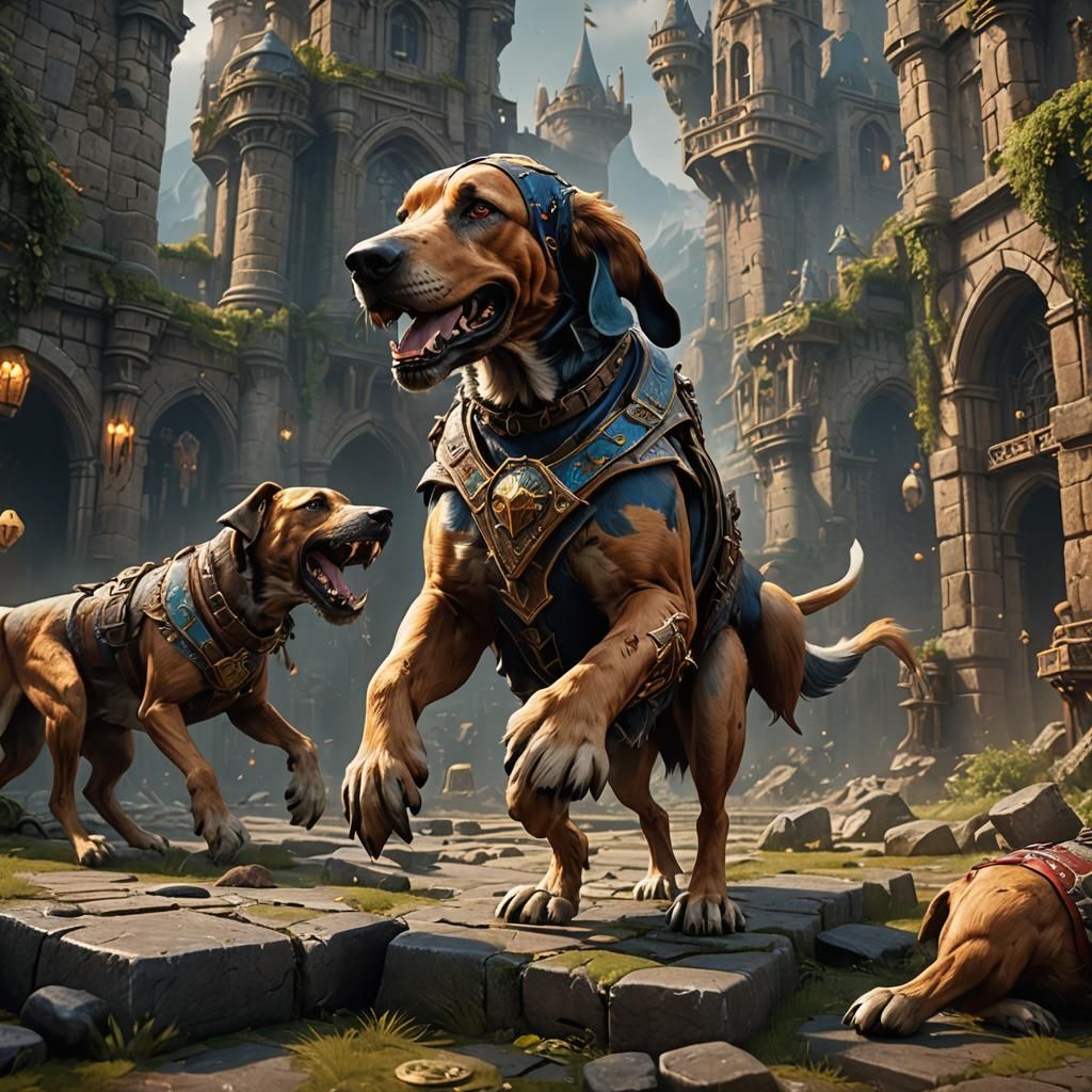 Hound Dog Playing Games in Detailed Matte Painting